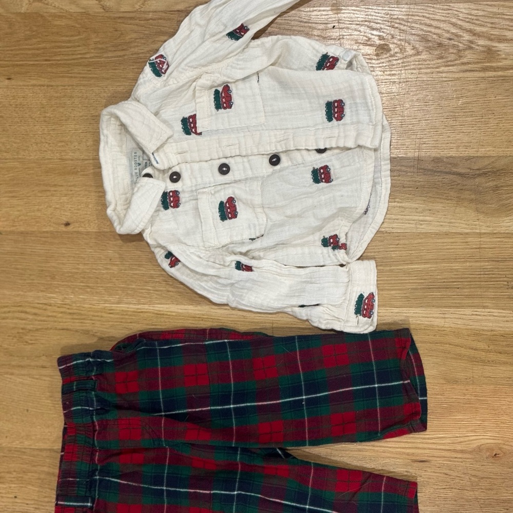Pink Chicken Christmas Jack shirt and tartan pants